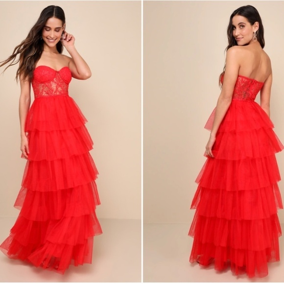 LULU's Elegant Prom Wedding Special Event Sexy Bustier Tiered Ruffle Maxi Dress - Picture 4 of 4